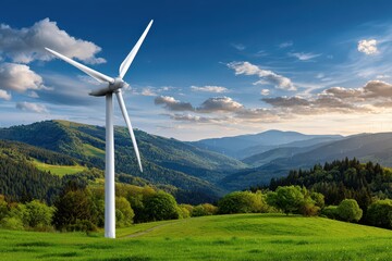 A picturesque landscape with a modern windmill standing tall amidst rolling green hills, forest, and a vibrant blue sky, symbolizing sustainable energy.