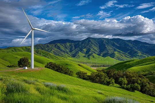 Scenic view of a wind turbine on a vibrant green hillside against a dramatic sky, with rolling hills and mountains in the background creating a peaceful and majestic landscape.