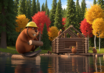 Hardworking Cartoon Beaver Construction Workers Building a Log Cabin by a Lake in an Autumn Forest
