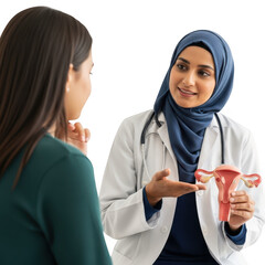 Doctor explains uterus model to patient isolated on transparent background