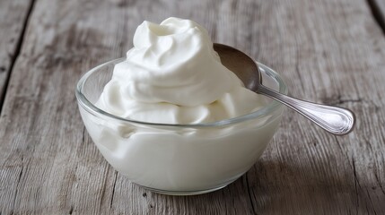 Fresh creamy sour cream in a glass bowl on wooden background. Generative AI