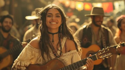 Radiant young woman performs Spanish folk music, smiling with exuberant joy, strumming her guitar at a vibrant community celebration, surrounded by companion musicians.