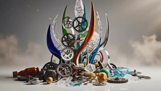 Intricate Gears of Progress: A stunning composition of gears and metallic components rises towards the heavens, its complexity embodying the core of technology.