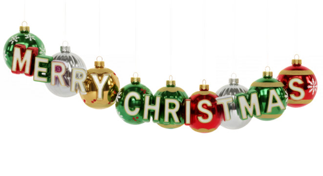 Colorful christmas ornaments spelling merry christmas hanging on transparent background - Powered by Adobe