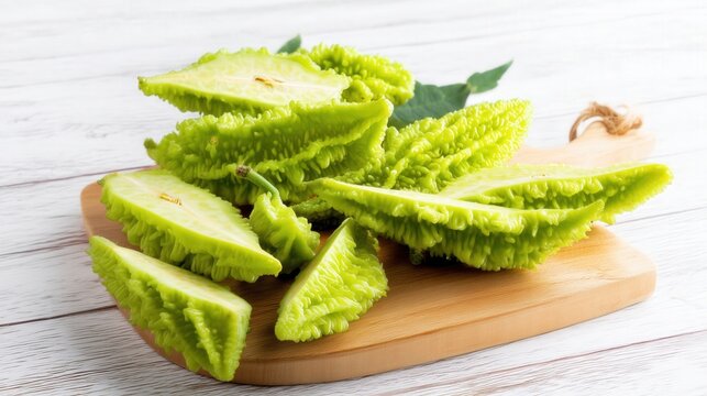 Fresh sliced bitter melon isolated on white background. Generative AI