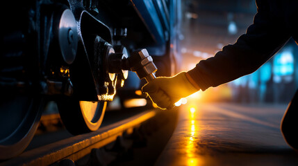 Faceless silhouette of mechanic tightening a bolt under railway carriage, shallow depth of field highlighting metal texture, with copy space.