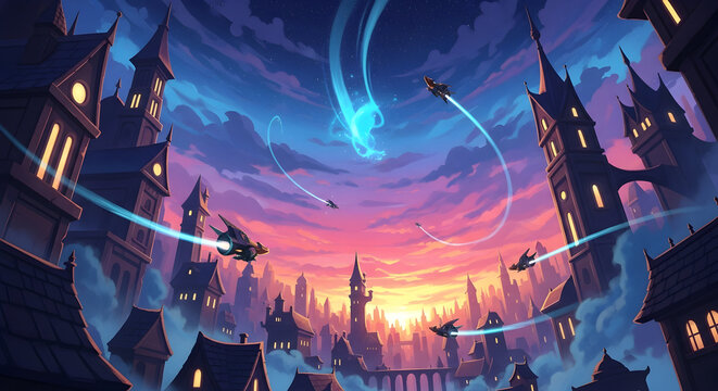 Futuristic city skyline with flying vehicles and vibrant sunset sky digital art science fiction concept