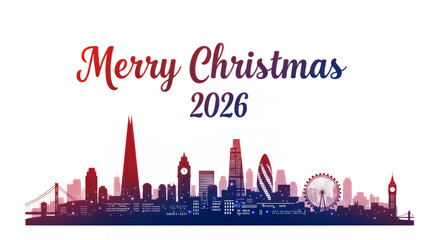 Fototapeta premium Merry christmas 2026 over london skyline with festive gradient and sparkles on transparent background