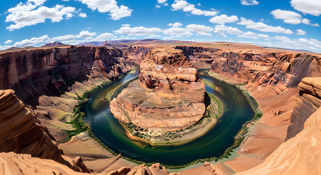 Iconic horseshoe bend in arizona showcases the colorado river carving a dramatic u shaped curve through the vast desert landscape under a bright blue sky
