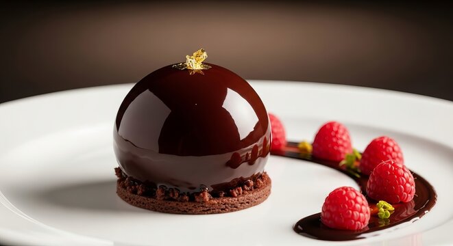 Gourmet dark chocolate egg shaped dessert with fresh raspberries and gold leaf on a white plate