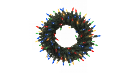 Festive christmas wreath made of colorful string lights on transparent background