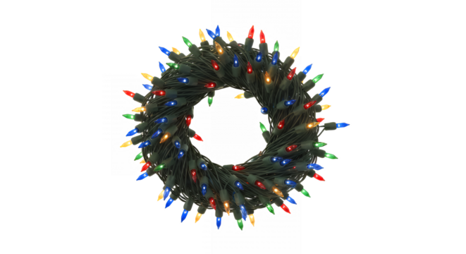 Festive christmas wreath made of colorful string lights on transparent background