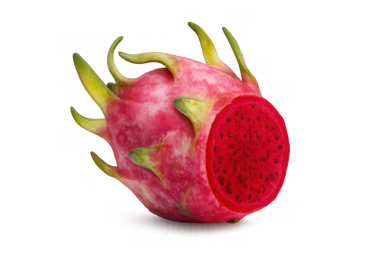 Dragon fruit revealing vibrant red pulp with black seeds, fresh pitaya half isolated on transparent background