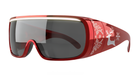 Red christmas ski goggles with reindeer and snowflake design on transparent background