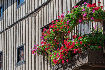Balconies filled with flowerpots on the facades of typical houses in La Alberca (Salamanca, Spain)