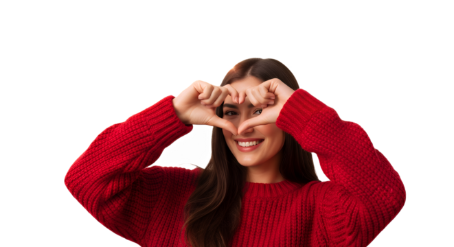 Smiling woman in red sweater making heart shape with hands against on transparent background