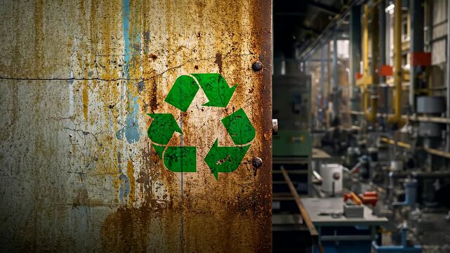 Green Recycling Symbol on Rusty Metal Surface Next to Industrial Factory Interior Split View