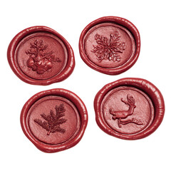 Four red wax seals with festive holiday designs including a sprig of berries a snowflake a pine branch and a leaping deer