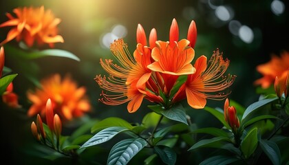 vibrant orange firecracker blooms amidst lush greenery
