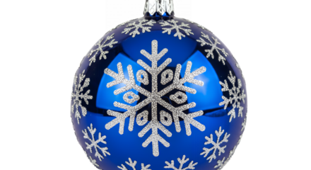 Festive blue christmas ornament with silver snowflakes against a black backdrop on transparent background