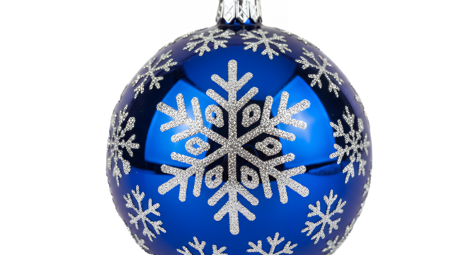 Festive blue christmas ornament with silver snowflakes against a black backdrop on transparent background - Powered by Adobe