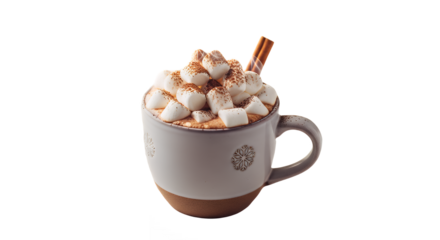Festive mug of hot chocolate topped with marshmallows and cinnamon stick garnish on transparent background
