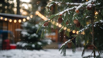 Cozy winter scene with snow falling on a decorated evergreen tree with warm string lights illuminating a rustic cabin in the background
