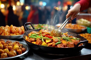 Preparing delicious Asian street food, a vibrant mix of meat, potatoes, and vegetables being cooked in a wok, showcasing culinary arts and vibrant cuisine.