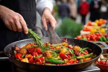 Close-up of chef adding rosemary to a steaming vegetable dish in a large pan, creating an aromatic experience, while attendees watching at the market.