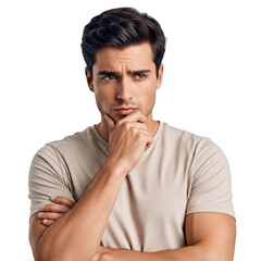 Man with hand on chin thinking deeply isolated on transparent background