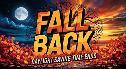 Fall back daylight saving time ends with autumn leaves and full moon under dramatic sunset sky