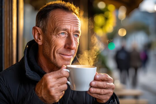 A serene portrait of a mature man enjoying a steaming cup of coffee outdoors, with soft sunlight and a relaxed expression, creating a moment of peaceful contemplation.