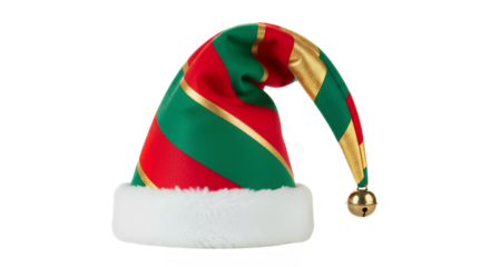 Festive christmas elf hat with gold stripes and jingle bell on transparent background