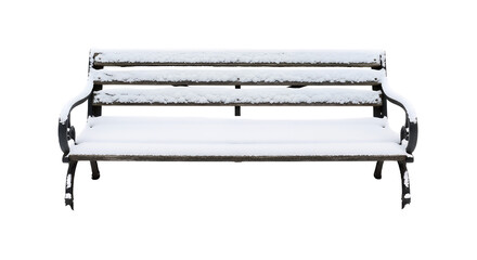 Snow covered park bench on a cold winter day with a scene on transparent background