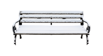 Snow covered park bench on a cold winter day with a scene on transparent background