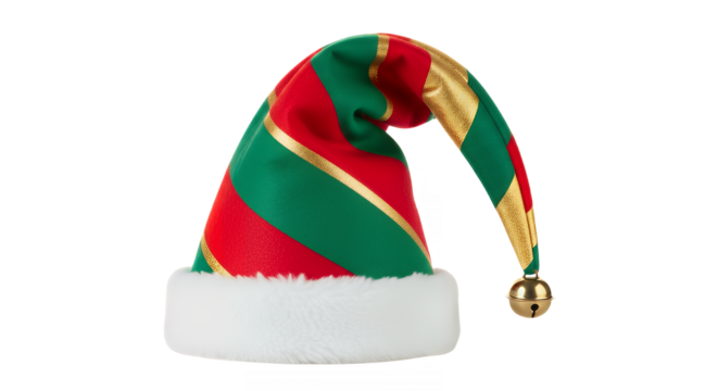Festive christmas elf hat with gold stripes and jingle bell on transparent background - Powered by Adobe