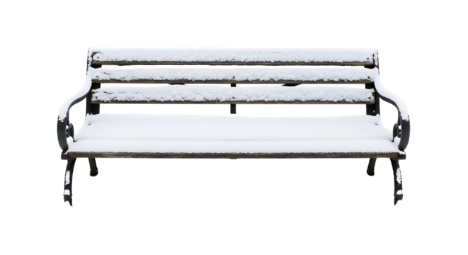 Snow covered park bench on a cold winter day with a scene on transparent background