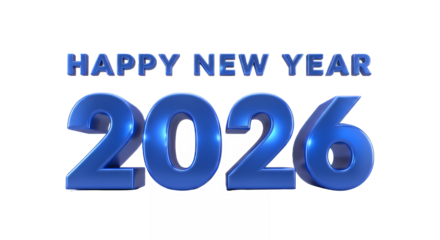 Happy new year 2026 in blue metallic font on a black studio background shot on transparent background