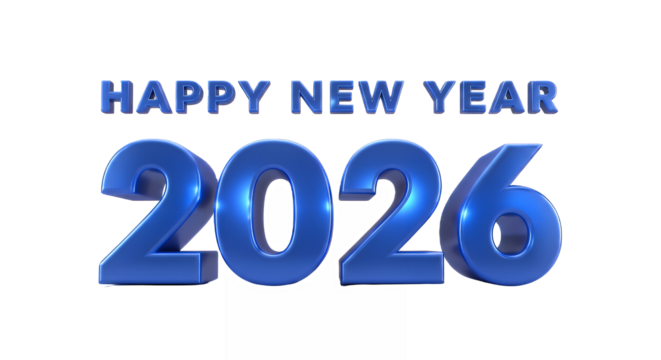 Happy new year 2026 in blue metallic font on a black studio background shot on transparent background
