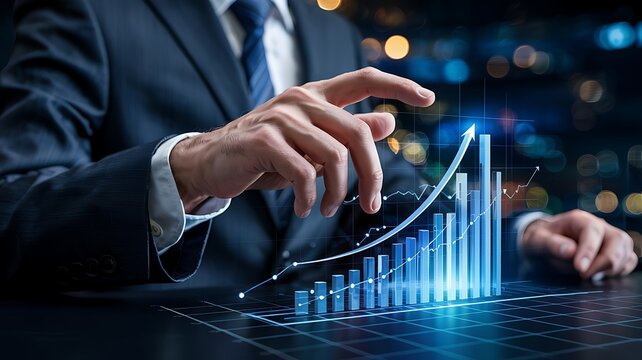 Businessman analyzing glowing blue financial growth chart with rising bar graph and upward trend line on a dark background