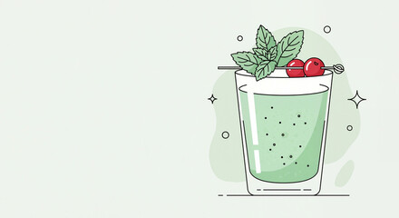 Refreshing mint drink illustration with cherry garnish on light background and copy space