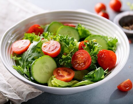 freshly prepared salad with vibrant greens juicy tomatoes and crisp cucumbers in a white bowl