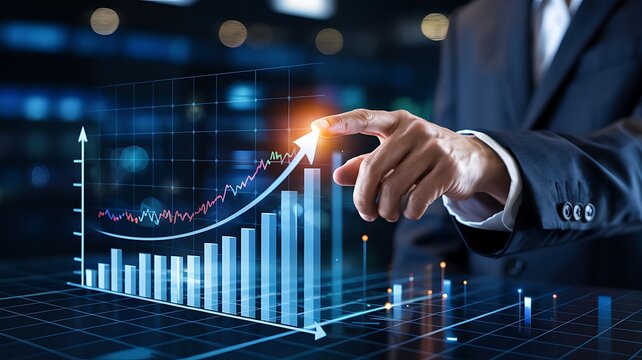 Businessman s hand interacting with a glowing futuristic holographic financial stock market graph showing upward growth and profit - Powered by Adobe