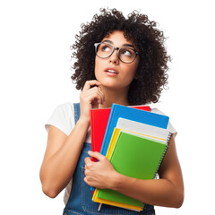 Young woman with glasses holding books isolated on transparent background