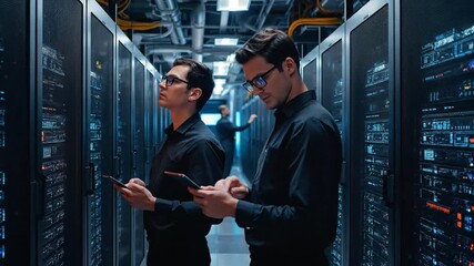 IT Professionals Managing Server Racks in a Modern Data Center. Engineers Ensuring Network Operations, Data Security, and Cloud Infrastructure with... - Powered by Adobe