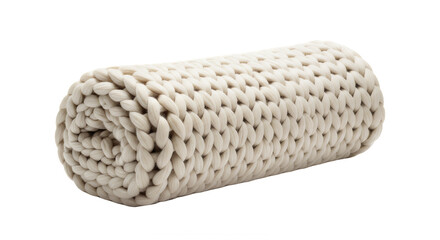Rolled up chunky knit blanket in cream color against a studio on transparent background