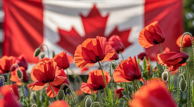 Vibrant red poppies bloom in the foreground with a blurred canadian flag waving gently in the background on a sunny day - Powered by Adobe