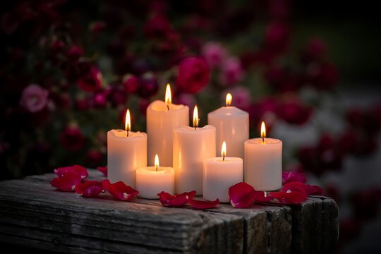 Romantic arrangement of lit white pillar candles surrounded by soft pink rose petals on a rustic wooden surface with blurred floral background