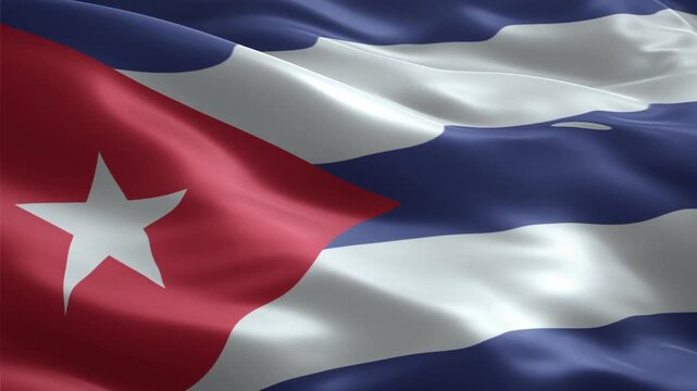 Waving flag of Cuba with a red triangle and white star on the left.