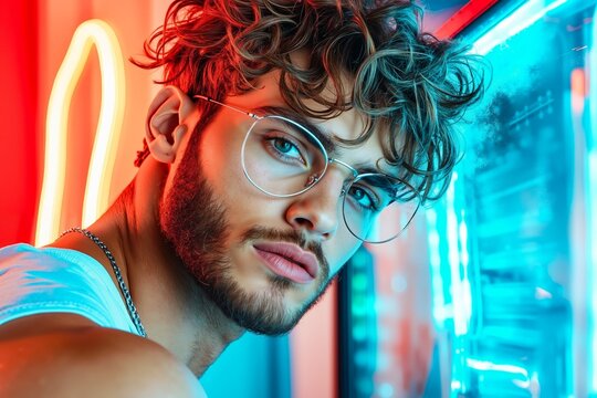 A man with curly hair wearing a white tank top and glasses